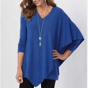 Soft Surroundings Madeline Asymmetric Tunic Blue V-Neck Draped Hem Modern Artsy